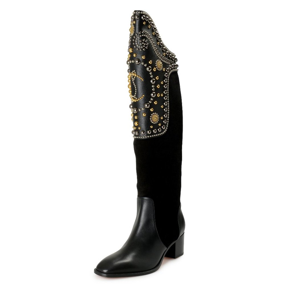 Christian Louboutin Black Over-the-Knee Boot with Gold Stud Detailing